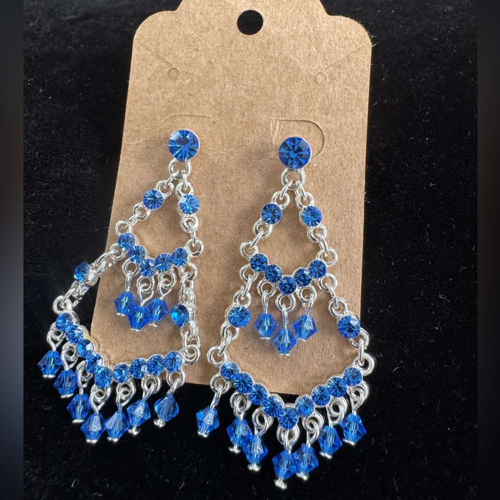 Blue and Silver Crystal Chandelier Boho Fancy Prom Feminine Classic NEW Earrings